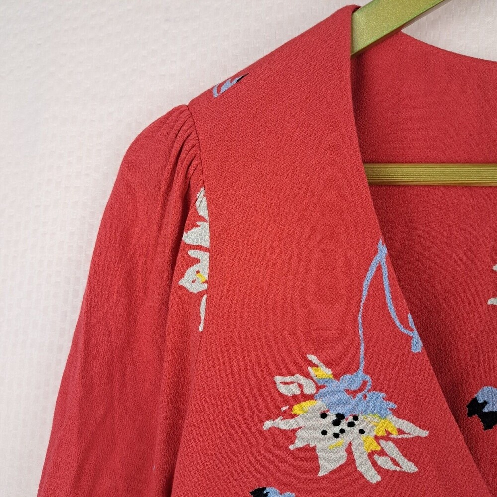 Free People Red Time On My Side S Wrap Mini Dress 3/4 Sleeve Buttons 100% Rayon - Picture 12 of 16